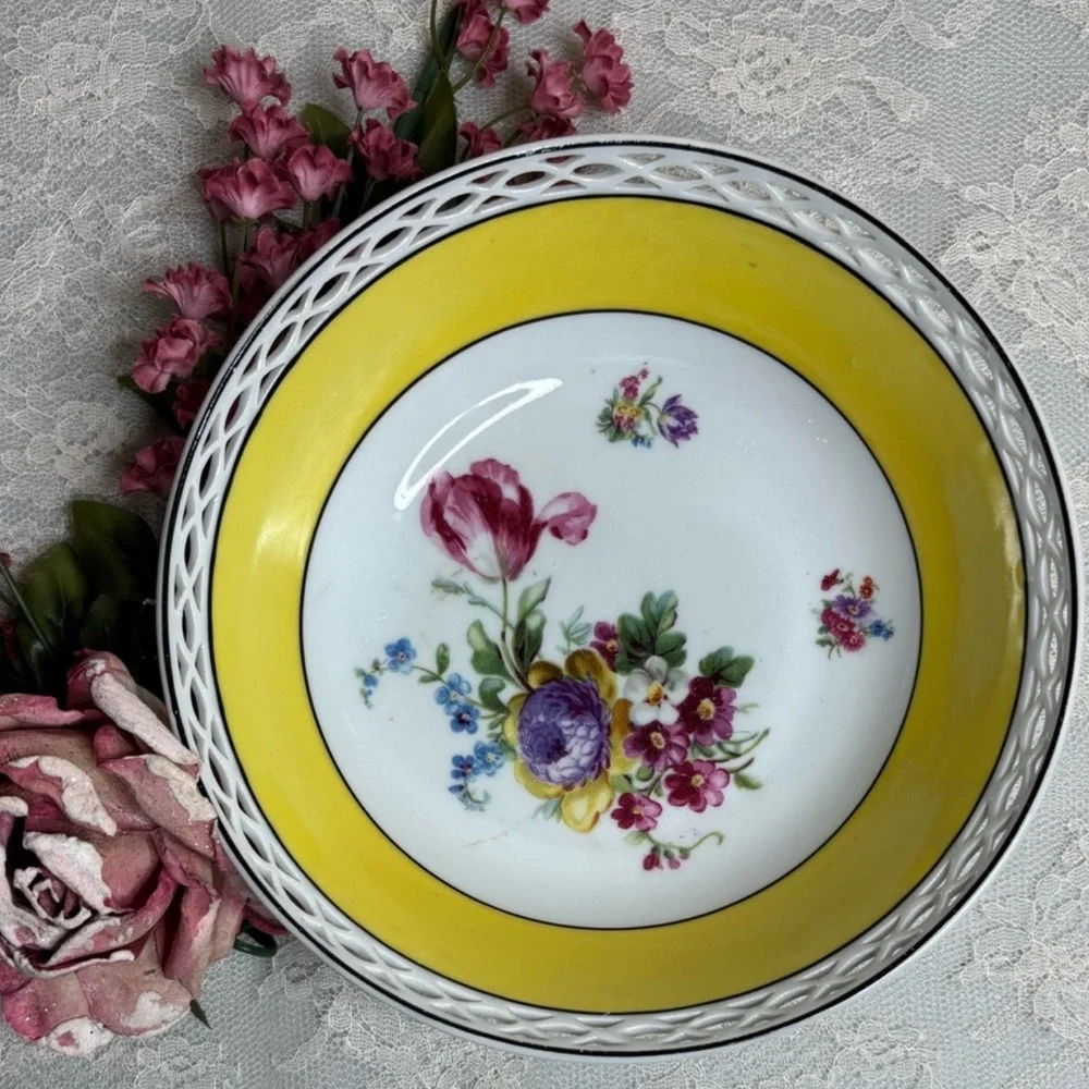 Vintage Floral Bowl Bavaria Serving Dish Cottage Rose Flower Cut Out Pink White